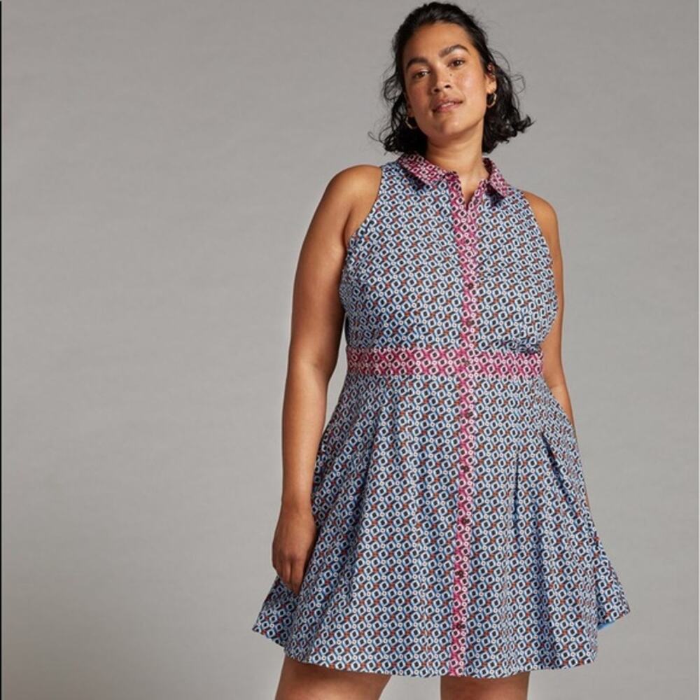 Anthropologie Maeve Womens Buckley Mini Shirt Dress Sleeveless Geometric Blue 16